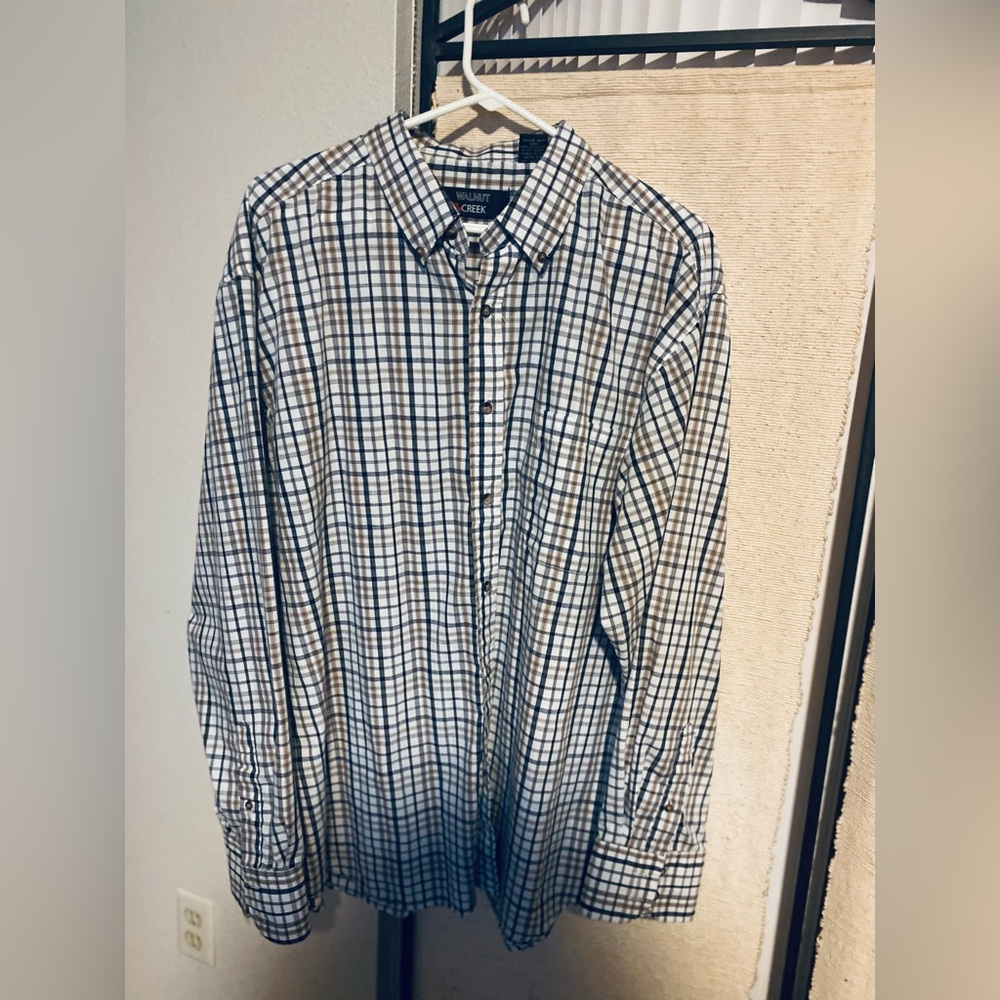 Walnut Creek Blue Tan White Plaid Long Sleeve Button Front Dress Shirt Pocket XL